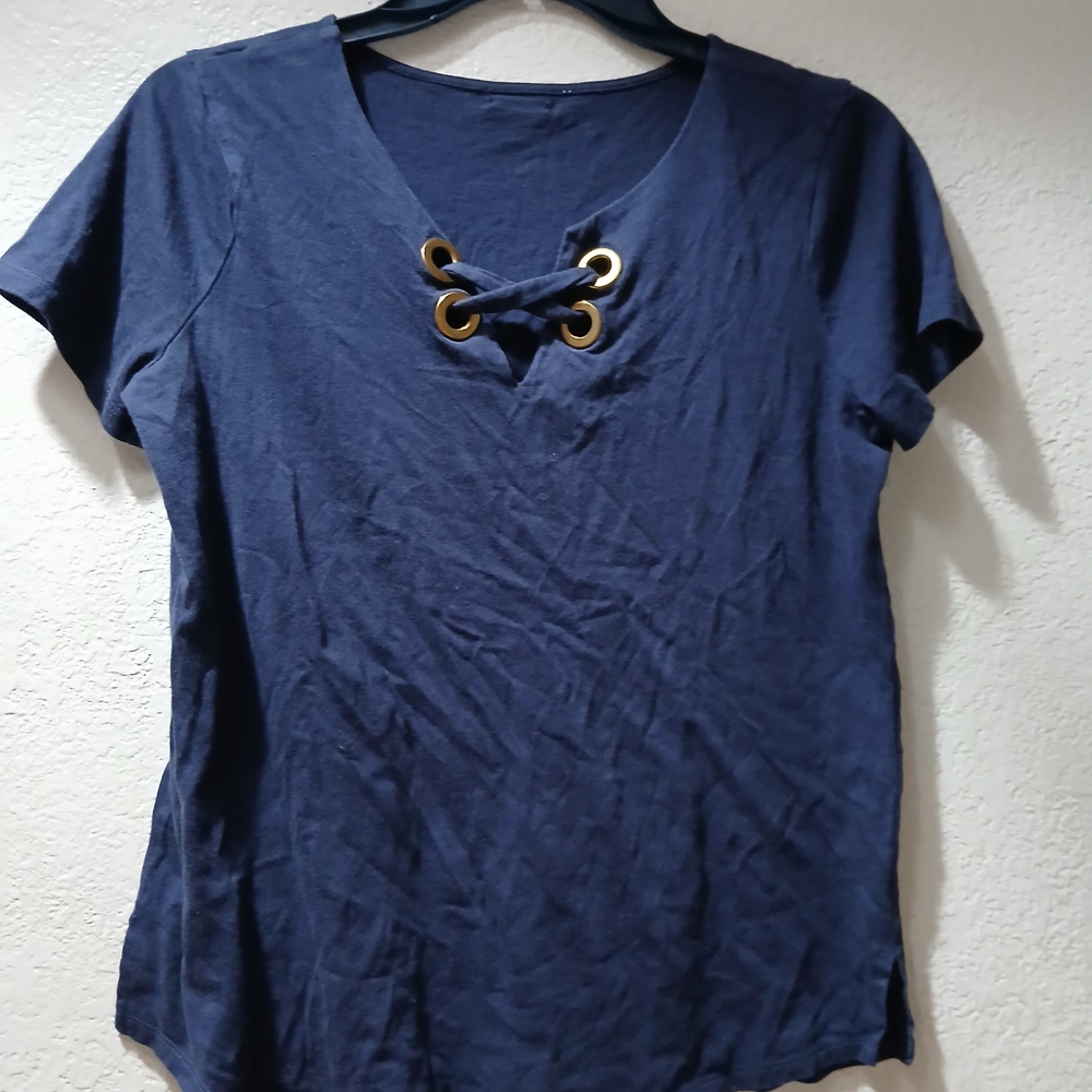 Michael Kors Navy Lace-Up Short Sleeve Top